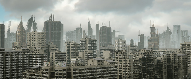 Digitally generated post apocalyptic scene depicting the consequence of a nuclear holocaust, showing desolate urban slums with tall buildings in ruins and mostly cloudy sky. 

The scene was created in Autodesk® 3ds Max 2022 with V-Ray 5 and rendered with photorealistic shaders and lighting in Chaos® Vantage with some post-production added.