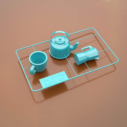 Tea and coffee plastic model kit. 3D digital render
