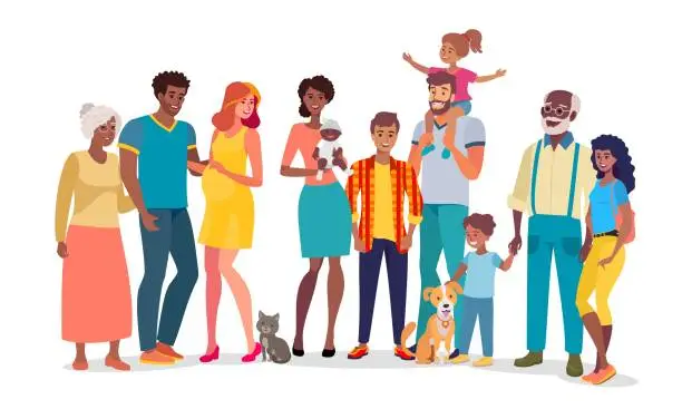 Vector illustration of Cartoon parent people standing with children together.