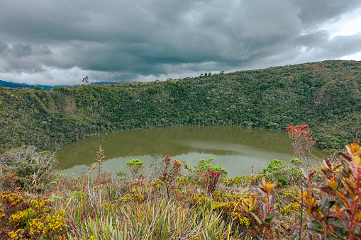 Colombia, Laguna de Guatavita - This is the lake that the colonial Spanish and others tried to drain in search of gold that was said to have been thrown into the lake during various religious ceremonies of the Muisca people. In spite of cutting a wedge into one side of the surrounding mountains, they only managed to lower the level of the lake a little bit. They found a few artifacts on the lake shores. This is the origin of the original legend of El Dorado. The lake continues to be sacred to the Muiscas. The depth of the lake is 125 metres. Image shot from an altitide of 3,100 metres above mean sea level, on the Andes Mountains, on an overcast morning during steady and continous rain.