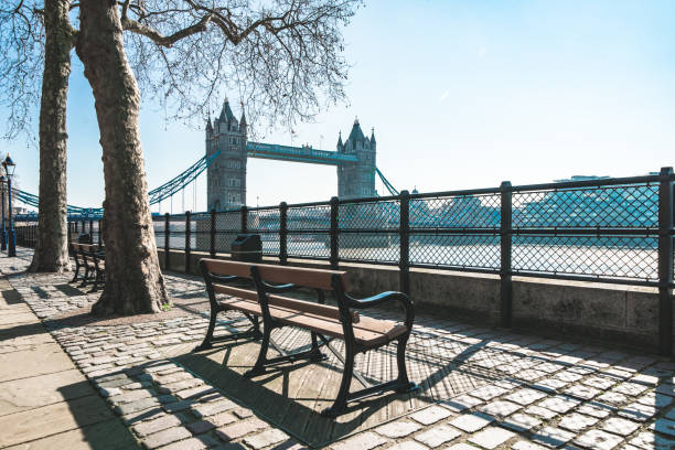istock Park bench with view to River Thames and Tower Bridge in London 1384922743