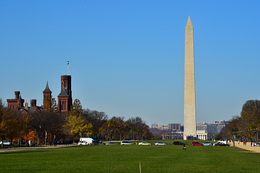 The Smithsonian Castle and the Washington Monument are seen on the Mall on a clear day in Washington, D. C.