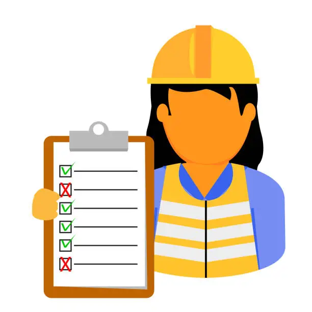 Vector illustration of Simple Vector Engineer Woman Holding Checklist Paper