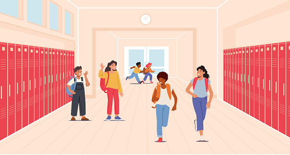 Happy Children in School Hallway Interior. Back to School Concept, Happy Group of Kids, White Girls, Asian and Black Boy