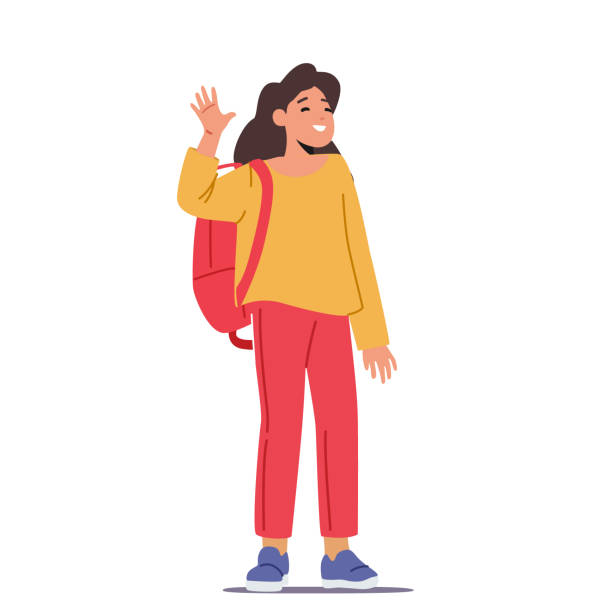 Youth, Happiness and Education Concept. Little Pupil Girl with Backpack Waving Hand Isolated on White Background Youth, Happiness and Education Concept. Little Pupil Girl with Backpack Waving Hand Isolated on White Background. School Child Meeting Friends after Summer Vacation. Cartoon Vector Illustration, kid waves stock illustrations