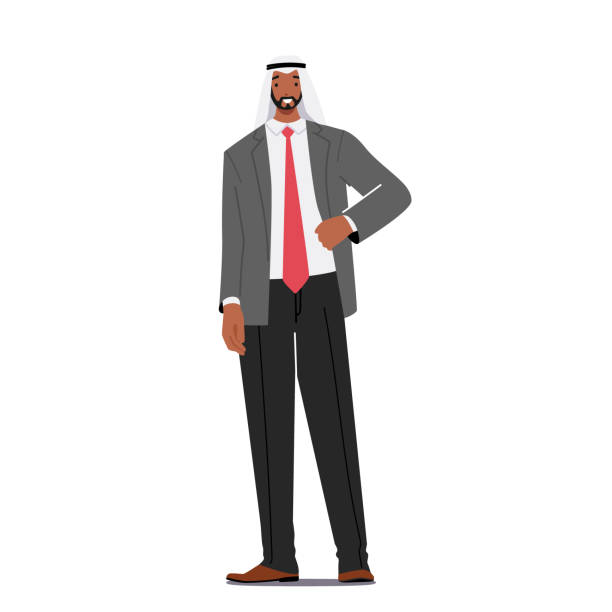 Arab Business Man in Traditional Headwear and Formal Clothes. Muslim Culture and Arabian Fashion Concept Arab Business Man in Traditional Headwear and Formal Clothes. Muslim Culture and Arabian Fashion Concept. Saudi Male Character Isolated on White Background. Cartoon People Vector Illustration oman cartoon stock illustrations