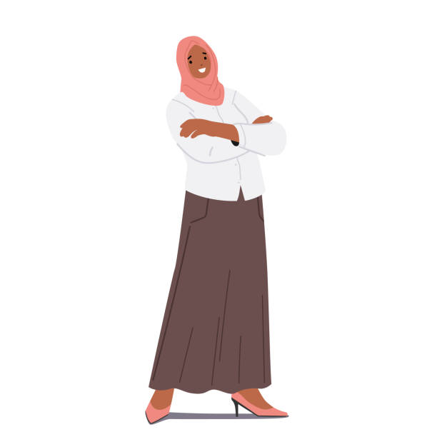 ilustraciones, imágenes clip art, dibujos animados e iconos de stock de mujer de negocios árabe con los brazos cruzados. personaje femenino árabe vestido con hiyab nacional tradicional y falda larga - middle eastern ethnicity illustrations