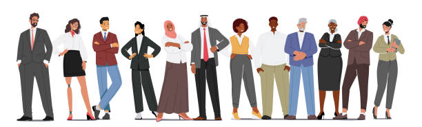 Diverse Business Men and Women Wear Formal Clothes Stand in Row. Confident Male and Female Characters Diverse Business Men and Women Wear Formal Clothes Stand in Row. Confident Male and Female Characters Caucasian, Arab, African, Indian or Pakistan, Asian Ethnicity. Cartoon People Vector Illustration mens and womens fashion stock illustrations
