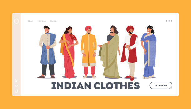 illustrations, cliparts, dessins animés et icônes de les indiens portent des vêtements traditionnels modèle de page de destination. les jeunes personnages masculins et féminins souriants portent sari ou kurt - saree