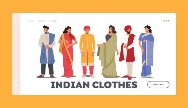 Vector illustration of Indian People Wear Traditional Clothes Landing Page Template. Young Smiling Male and Female Characters Wear Sari or Kurt