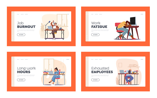 Exhausted Workers Professional Burnout Syndrome Landing Page Template Set. Stressed Managers, Business Characters Work Overload, Stress and Tiredness. Cartoon People Vector Illustration