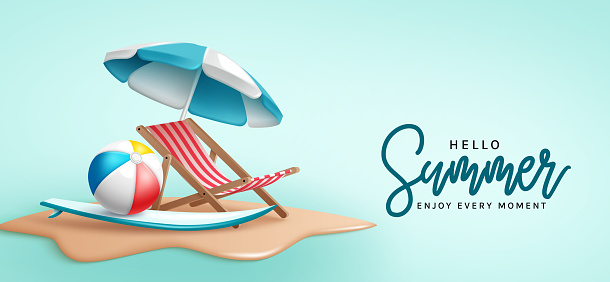 Hello summer vector design. Hello summer text with chair, umbrella and beach ball tropical elements in minimalist blue color for relax holiday season. Vector illustration.