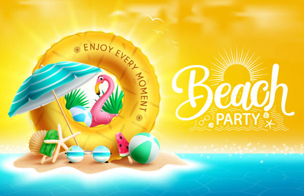 Summer beach party vector design. Beach party text in miniature island with floater, umbrella and flamingo elements for sunny tropical season fun event. Summer beach party vector design. Beach party text in miniature island with floater, umbrella and flamingo elements for sunny tropical season fun event. Vector illustration. beach party stock illustrations