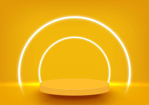 istock Stage podium with neon lighting for product display on yellow background. Summer background. Minimal style. Vector illustration. 1384960922