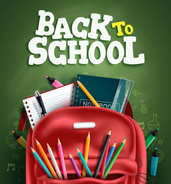 Back to school vector design. Back to school text in chalkboard background with backpack and educational supplies elements for study and learn education. Back to school vector design. Back to school text in chalkboard background with backpack and educational supplies elements for study and learn education. Vector illustration. school supplies stock illustrations