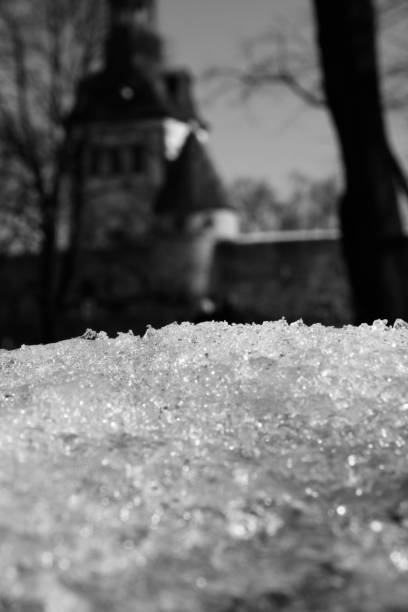 Snow melts in a city setting. Historic buildings can be seen behind.