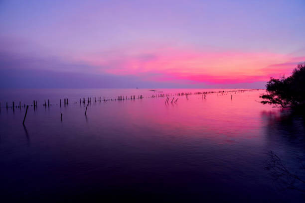 silhouette du ciel vif au-dessus de la mer au coucher du soleil - ciel romantique photos et images de collection