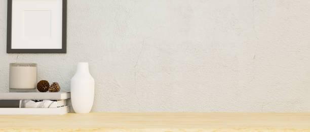 istock Minimal bright wooden tabletop with copy space, home decorations 1384971292