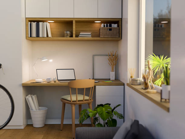 istock Minimal modern comfortable home workplace with laptop mockup 1384971303