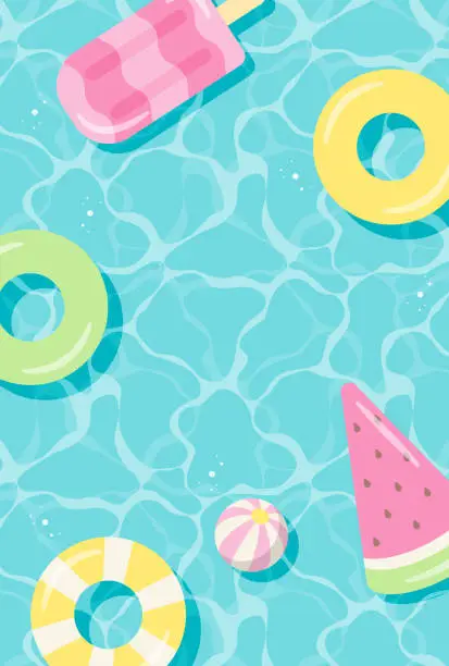 Vector illustration of summer vector background with pool floats in water for banners, cards, flyers, social media wallpapers, etc.