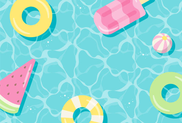ilustrações de stock, clip art, desenhos animados e ícones de summer vector background with pool floats in water for banners, cards, flyers, social media wallpapers, etc. - float around
