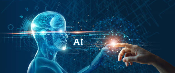 Connecting human data to mindset of Artificial intelligence AI, Digital data and machine learning technology and computer brain. Robot technology development for futuristic. stock photo