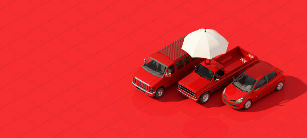 車の保護と安全保証のコンセプト、白い傘の下の現代の赤い自動車セダントラックバン、赤い背景に隔離、アイソメトリックをレンダリングする3dイラスト - sedan car isolated white ストックフォトと画像