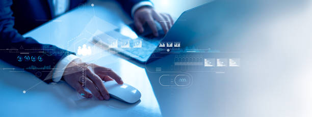 istock Businessman using laptop analyzing sales data and customer shopping behavior on economic growth graph chart. Business strategy plan. Social network and Digital marketing. Technology on global business 1384980904