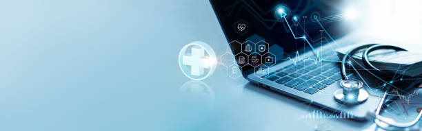 Healthcare business graph and data of Medical business growth on laptop, investment, financial and banking, Medical business report on global network. stock photo
