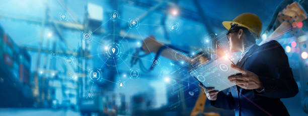 istock Businessman holding virtual interface panel of global logistics network distribution and transportation with robotics process automation, Smart logistics, Innovation future of transport. 1384980913