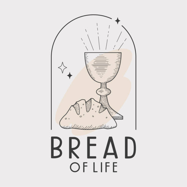 bread of life line vector illustration Euharist cup and bread line illustration with John 6:35 Bread of life bible verse text communion stock illustrations