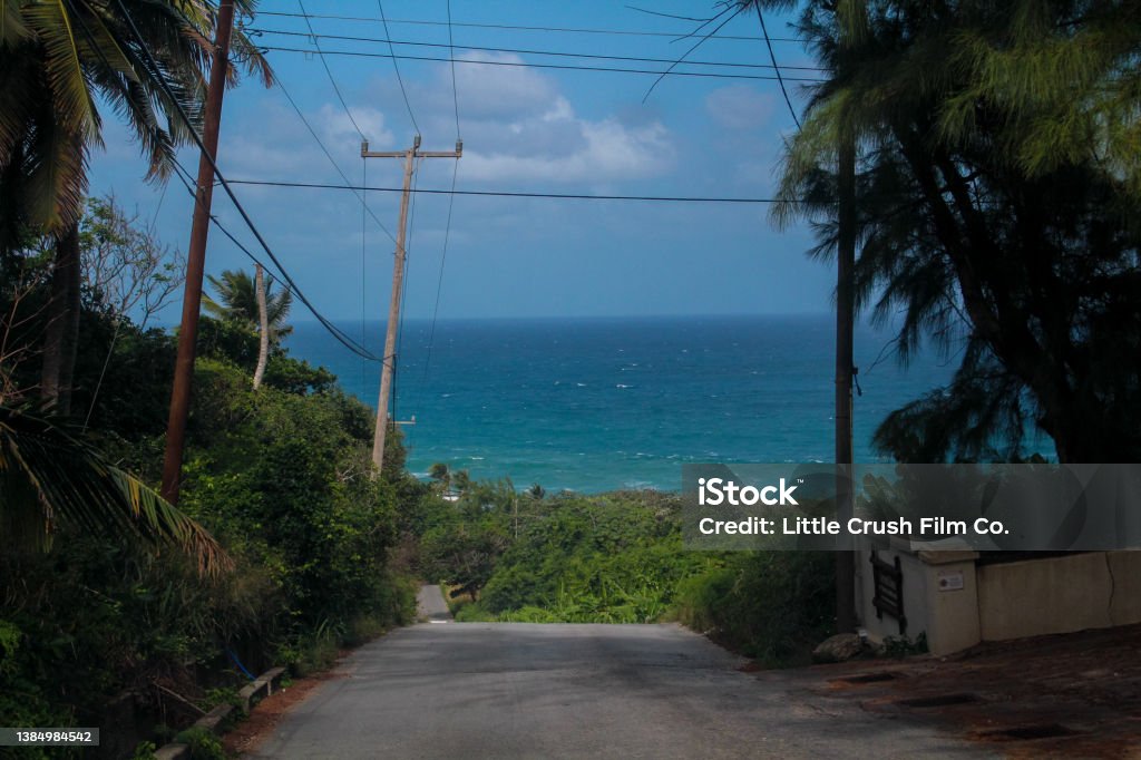 Road towards tropical ocean A rural, gravel road extends towards lush coastline. Turquoise ocean can be seen beyond. Antigua & Barbuda Stock Photo
