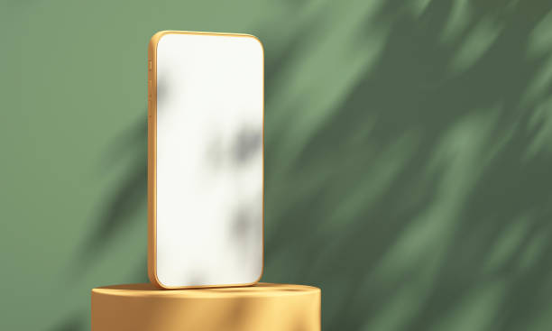 istock Smartphone mockup with tree shadow on wall background, summer product mockup, 3d render illustration 1384987997
