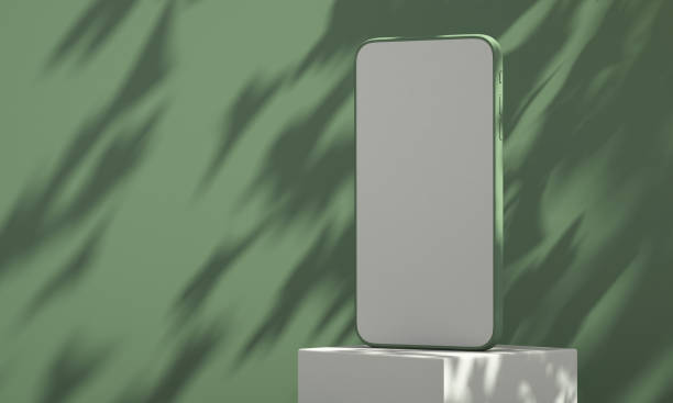istock Smartphone mockup with tree shadow on wall background, summer product mockup, 3d render illustration 1384987998