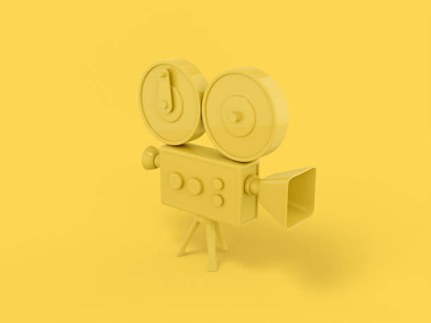 Yellow mono color retro video camera on a yellow solid background. Minimalistic design object. 3d rendering icon ui ux interface element.
