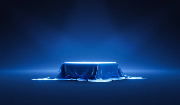 Dark blue 3d background fabric podium with spotlight luxury empty display of product stage studio show scene presentation platform stand or blank exhibition pedestal showroom cosmetic banner backdrop.