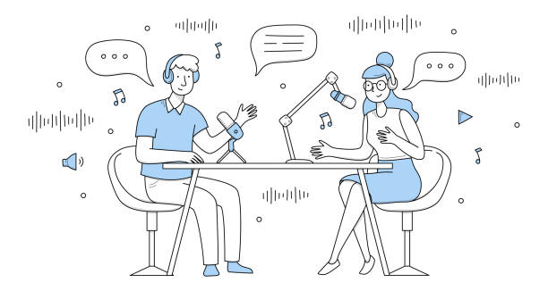 Podcast record, radio interview broadcast doodle Podcast record, radio interview broadcast doodle concept. Dj characters wear headphones sitting in studio with microphones on desk, speaking with speech bubbles, Cartoon people vector illustration interview event drawings stock illustrations