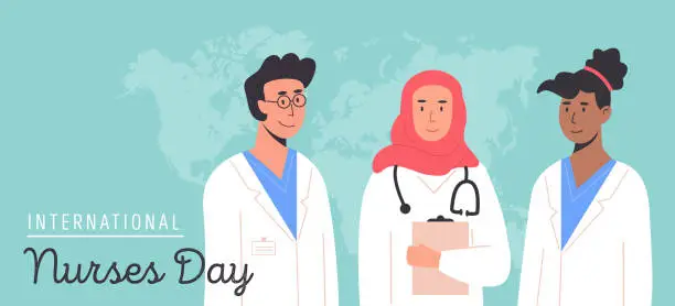 Vector illustration of International nurses day web banner or poster template. Diverse team of female and male doctors, medical personnel standing together. Vector flat style illustration.