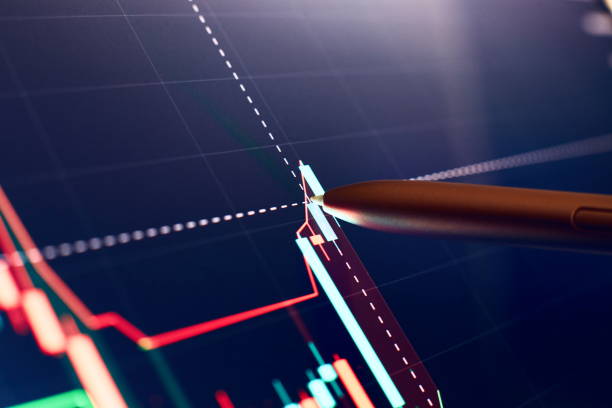 istock Financial chart with pen, stock analysis data for business background on digital screen. Graphs of the growth of the financial market forex. trading candlestick chart 1384997662