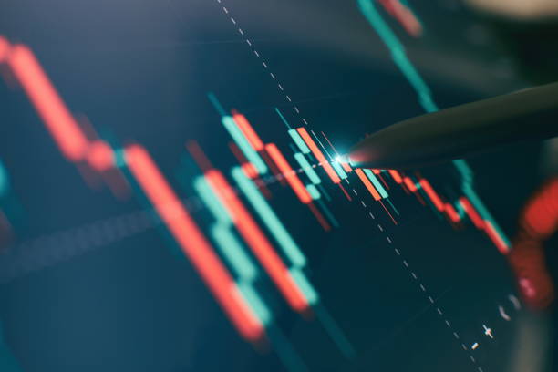 istock Financial chart with pen, stock analysis data for business background on digital screen. Graphs of the growth of the financial market forex. trading candlestick chart 1384997740