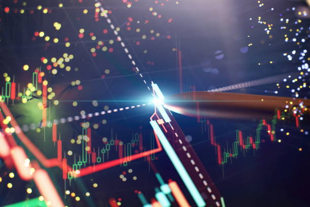 istock Price chart and pen indicator on screen, red and green candlestick chart on blue screen theme, market volatility, uptrend and downtrend. 1384997903