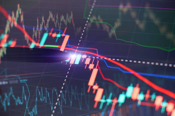 istock Price chart and pen indicator on screen, red and green candlestick chart on blue screen theme, market volatility, uptrend and downtrend. 1384997924