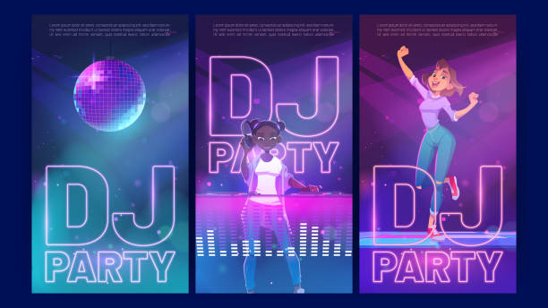 ilustraciones, imágenes clip art, dibujos animados e iconos de stock de carteles de invitación a la fiesta de dj, festival de baile - party dj nightclub party nightlife