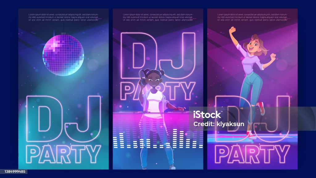 Dj Party Cartoon Invitation Posters Dancing Fest Stock Illustration -  Download Image Now - DJ, Party - Social Event, Teenage Girls - iStock