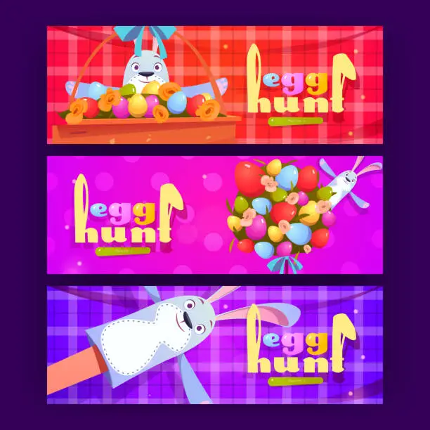 Vector illustration of Egg hunt, happy Easter banners with rabbit toys