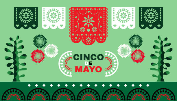 happy cinco de mayo poster mit charakteren, sombrero, pfeffer, tequila, feuerwerk - mexican culture cinco de mayo backgrounds sombrero stock-grafiken, -clipart, -cartoons und -symbole