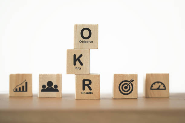 OKR black text (Objectives, Key and Results) on wooden cube blocks on table for  business target and focus concepts stock photo