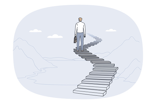 Back view of businessman stand on stairs to career success or goal achievement. Motivated male employee or worker on way to aim accomplishment. Business and motivation. Vector illustration.