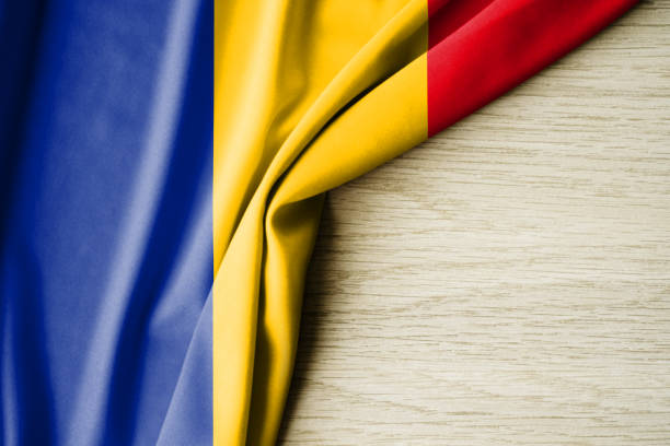 istock Romania flag. Fabric pattern flag of Romania. 3d illustration. with back space for text. 1385019127