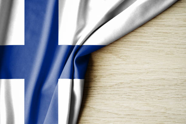 Finland flag. Fabric pattern flag of Finland. 3d illustration. with back space for text. Close-up view.